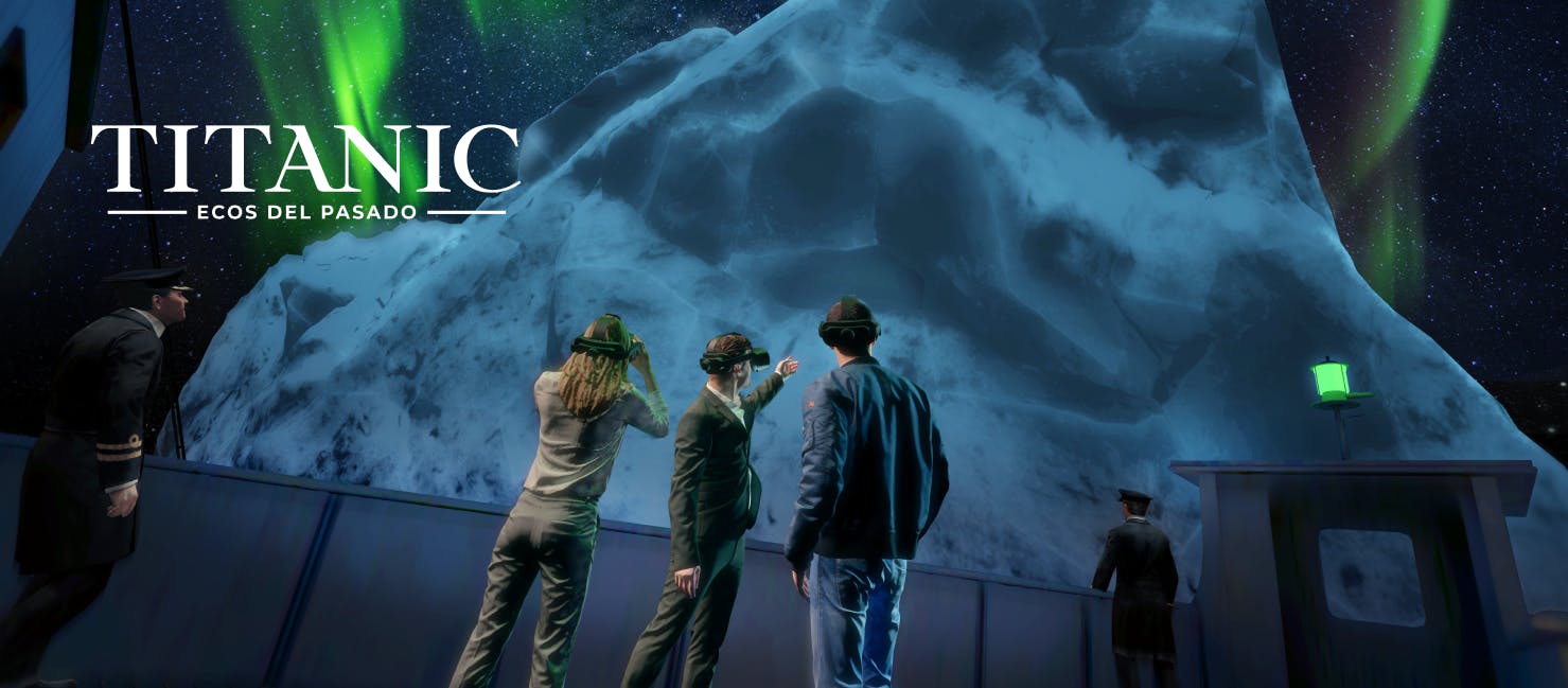 Tre persone che indossano cuffie VR appaiono sott'acqua con un riflettore proveniente da un sottomarino. Sono circondate da vita marina e oggetti subacquei.