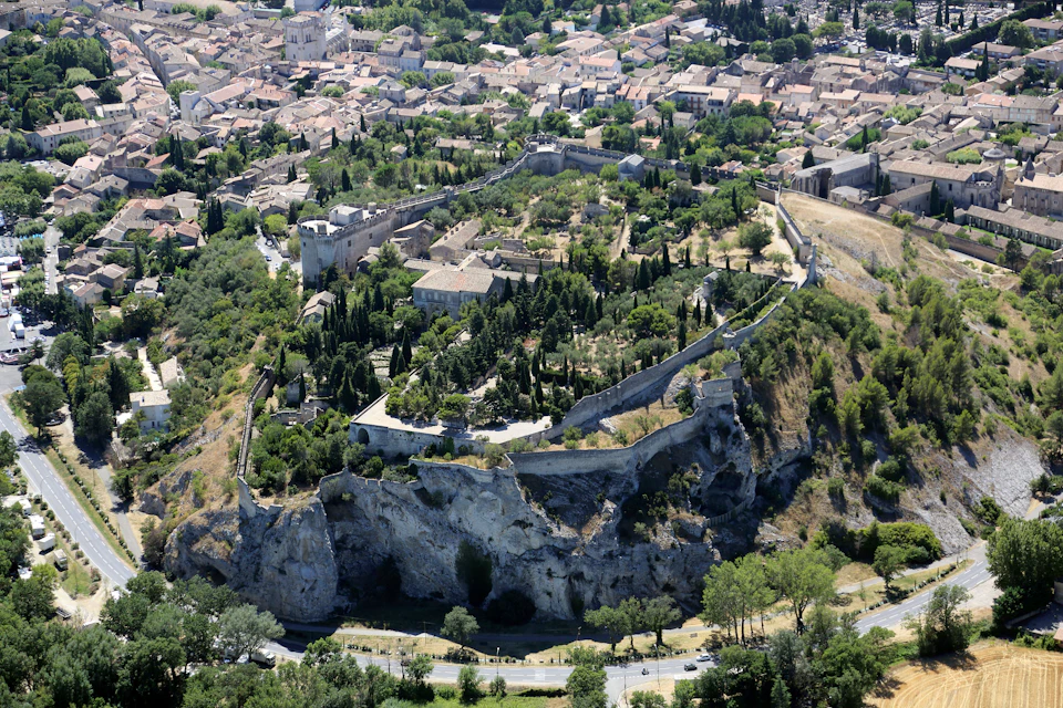 Aerial view of a historic fortress surrounded by a stone wall, with buildings and lush greenery inside, overlooking a town.