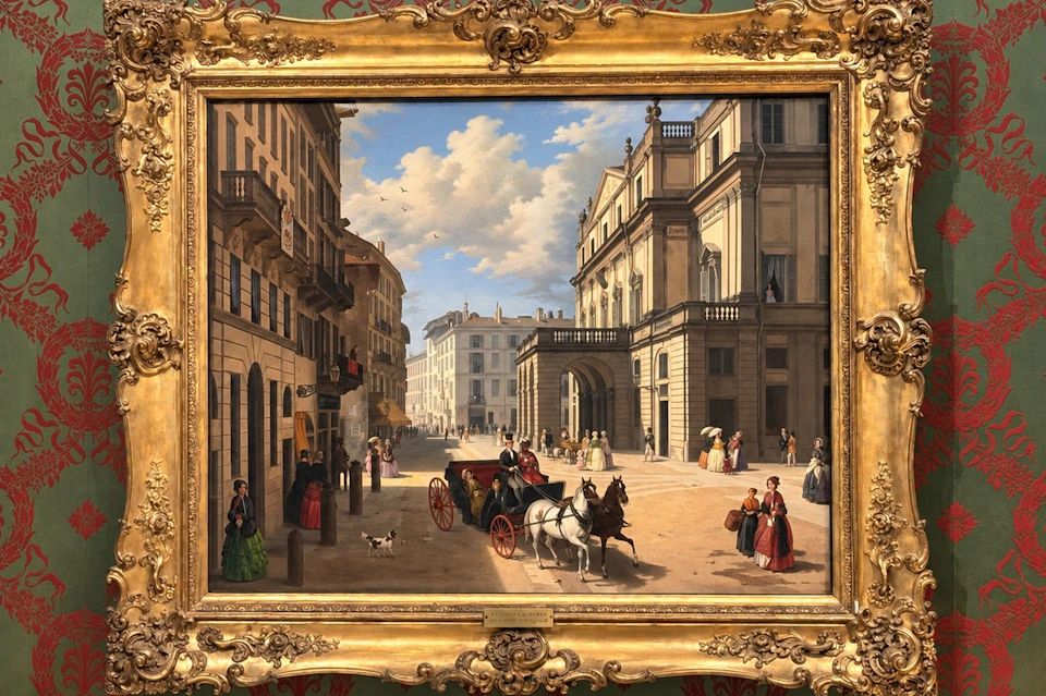 A painting in a gold frame depicts a lively 19th-century urban scene with carriages, pedestrians, and classical architecture.