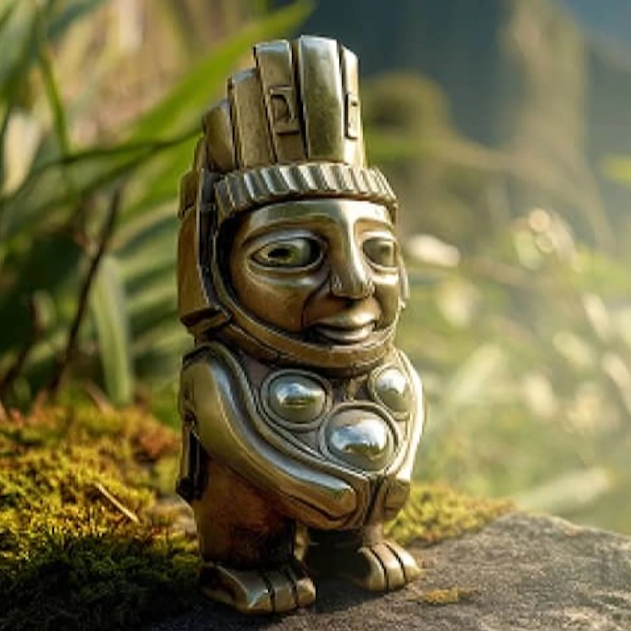A small, intricately crafted golden statue with a human-like face and headdress standing on mossy ground in a natural setting.