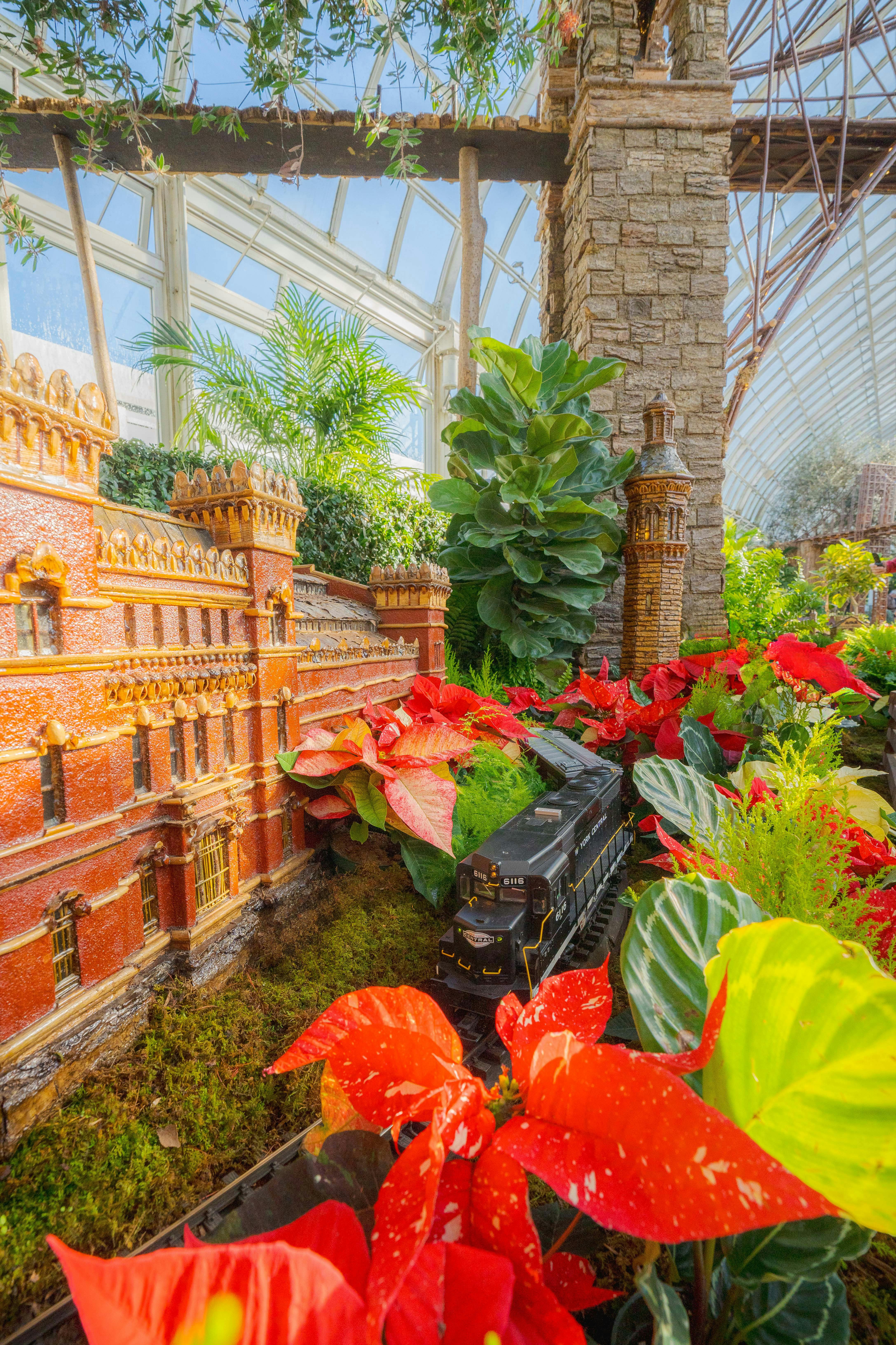 Modeltog passerer et detaljeret miniatureslot midt i frodige grønne områder og levende røde blomster inde i et drivhus.