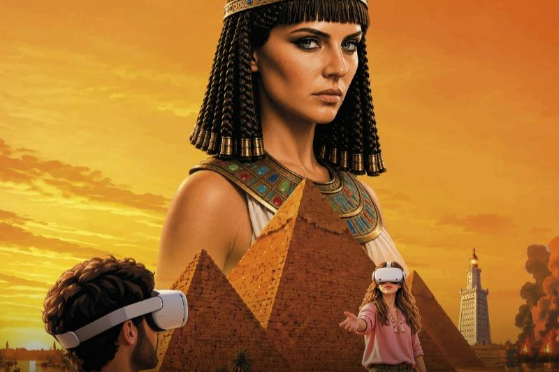 A woman in ancient Egyptian attire is depicted with pyramids and people using VR headsets in the foreground.