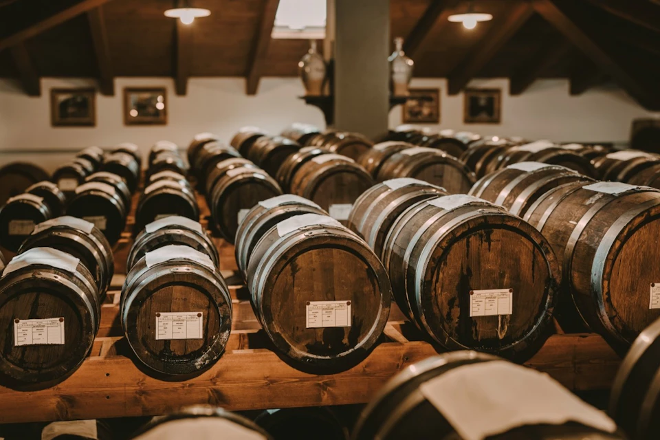 Rows of wooden barrels with labels in a dimly lit, rustic cellar with wooden beams and framed pictures on the walls.