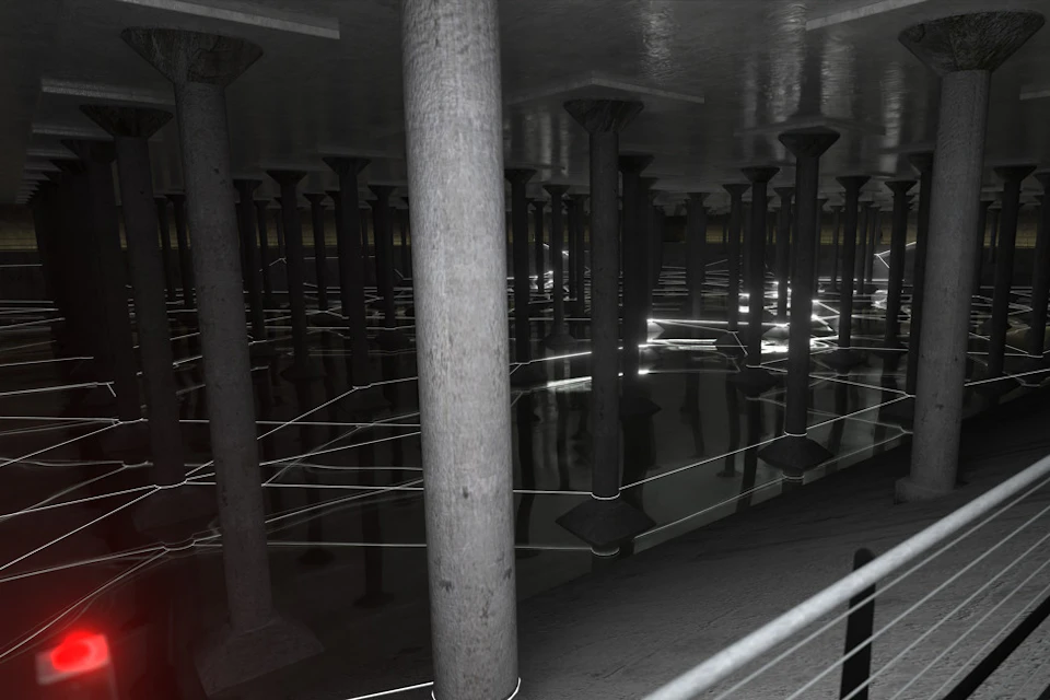 A dimly lit underground space with numerous stone columns reflected on a shallow water surface, illuminated by linear lights.