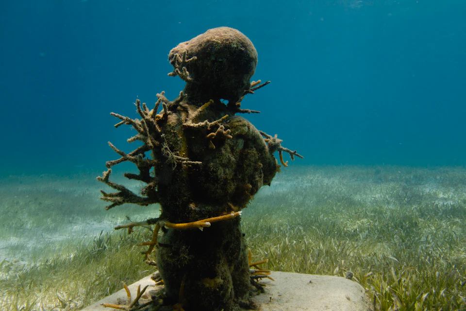 An underwater statue covered in coral growth, surrounded by seagrass and illuminated by sunlight filtering through the blue water.