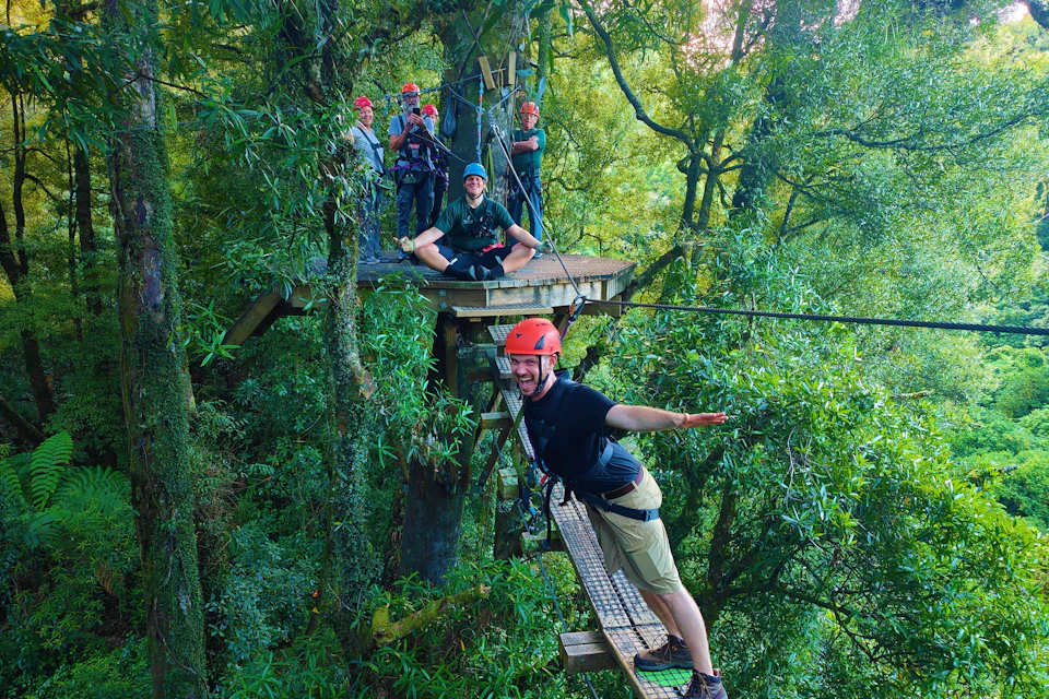 A group of people wearing helmets and harnesses on a treetop platform in a forest, one person posing on a rope bridge.