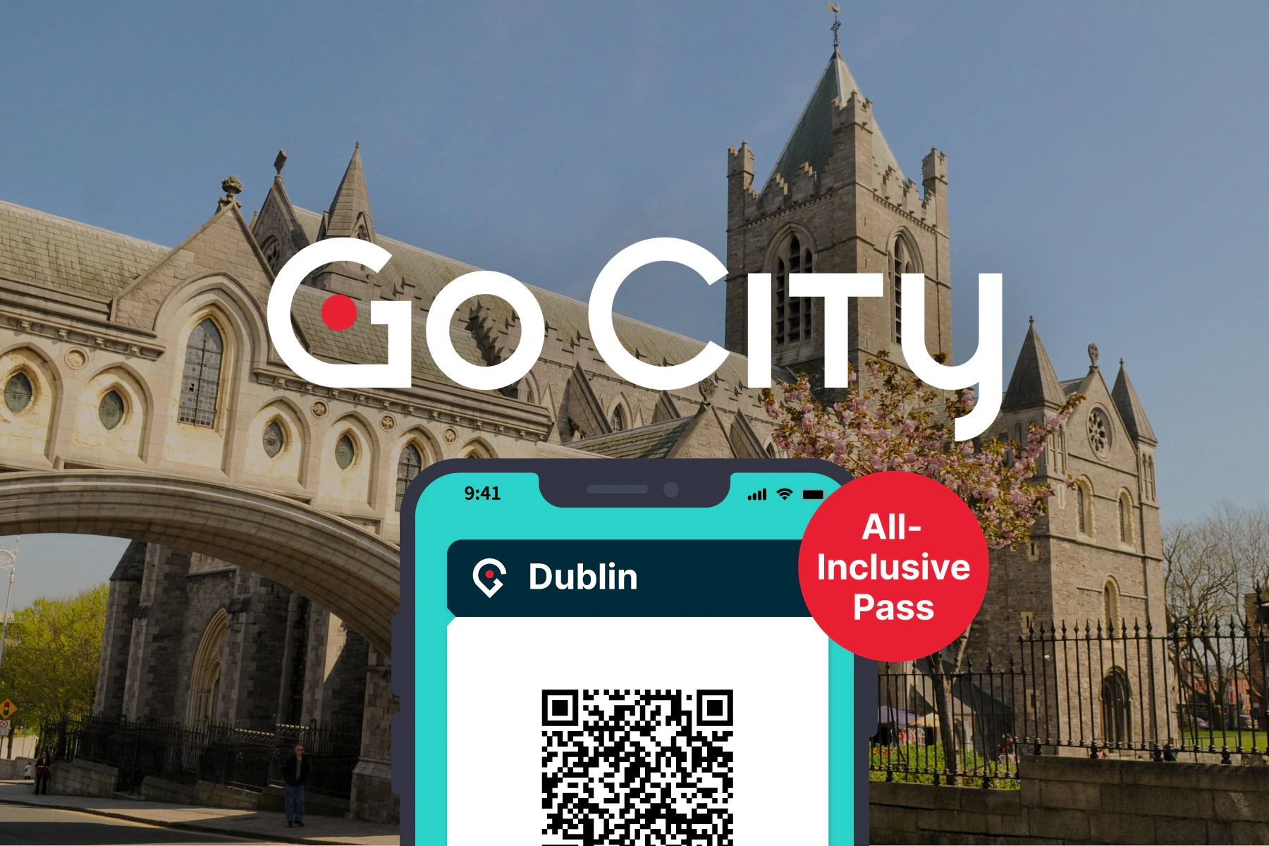 Dublin All-Inclusive Pass displaying on a smartphone with Christchurch cathedral in the background