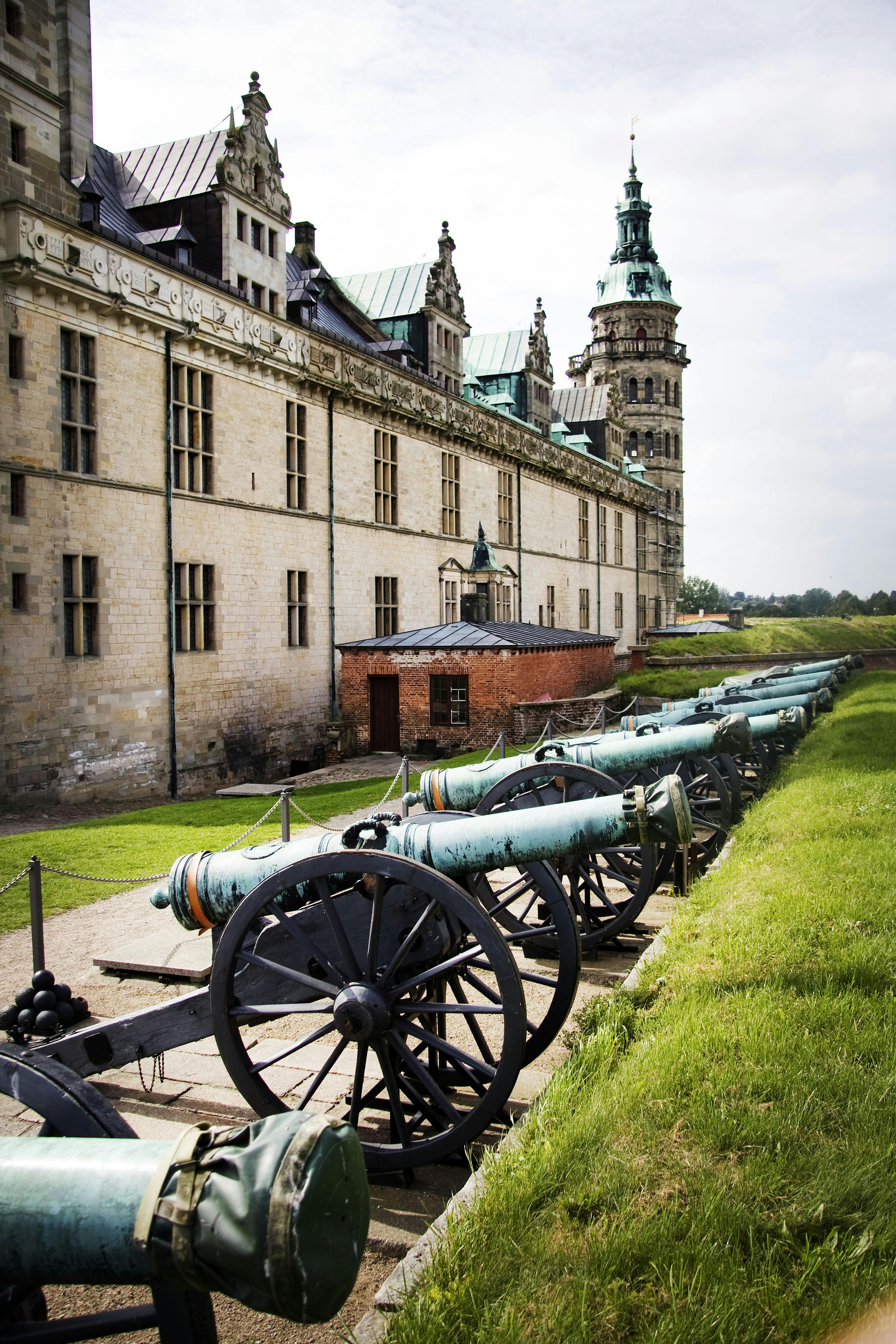 Row of historic cannons lined up along the grassy path beside an old stone castle with a tall tower and steep roofs.