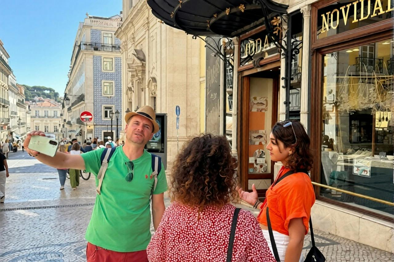 A man in a green shirt and hat holds a phone, posing for a photo in a sunny European city street, with a woman nearby.