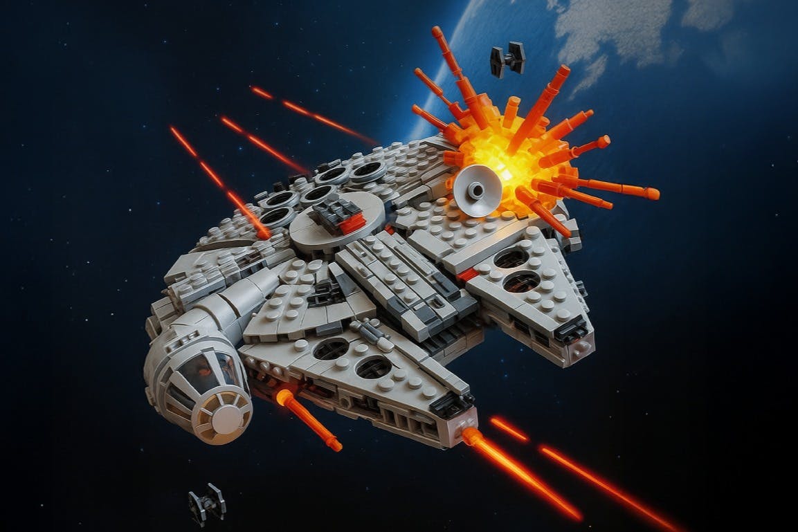 Un vaisseau spatial Lego est attaqué dans l'espace, avec des explosions et des rayons laser. La Terre est visible en arrière-plan.