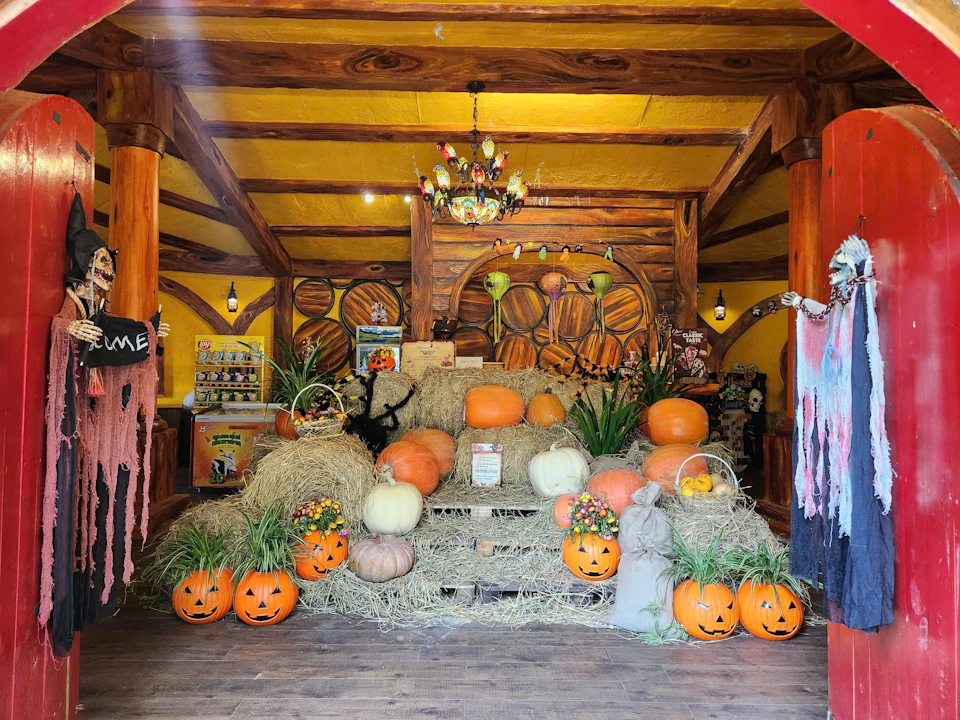 Festive autumn display with pumpkins, hay bales, and fall decorations inside a rustic wooden room with yellow walls.