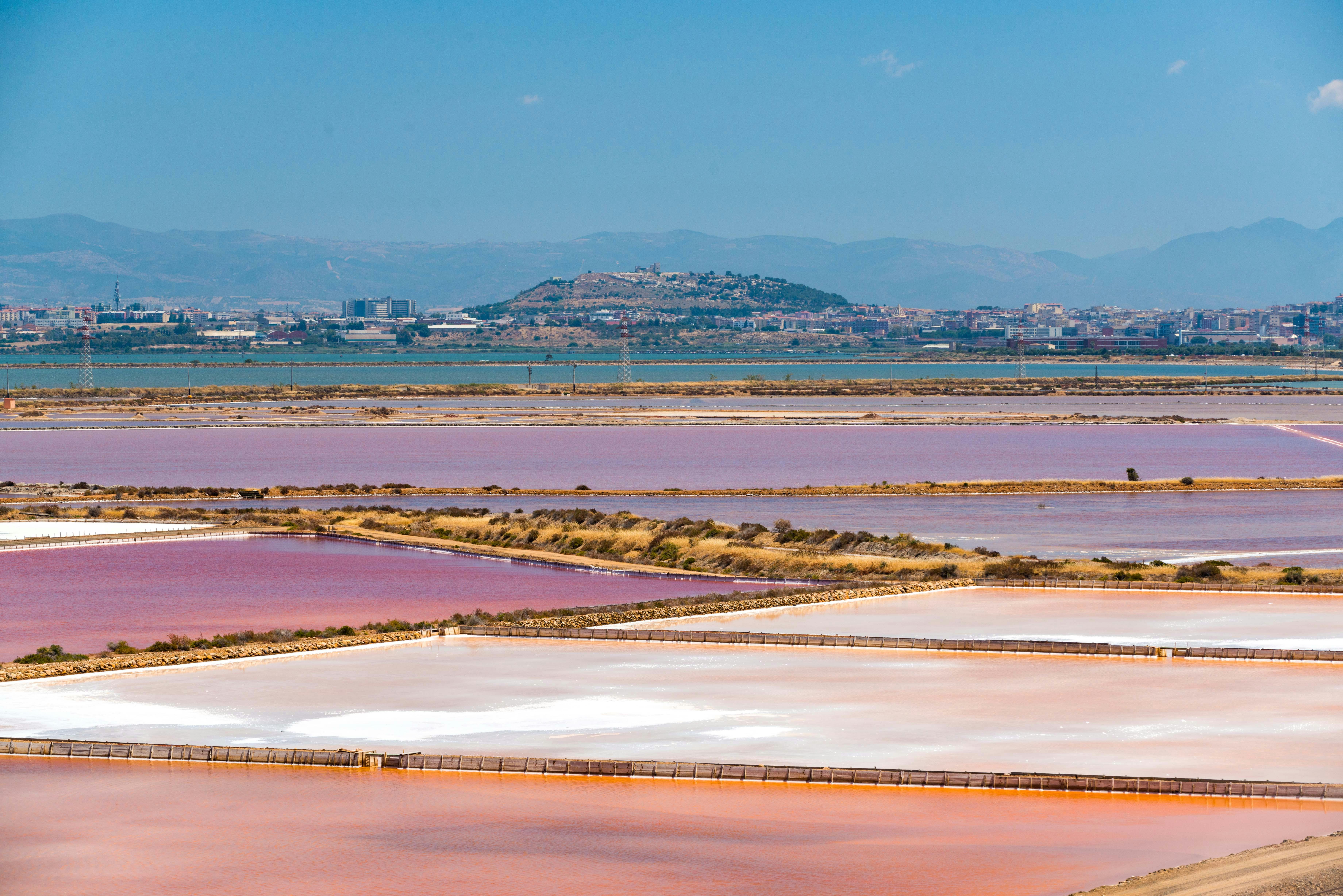 Flerfarvede saltfordampningsdamme med lyserøde, lilla og hvide nuancer, der ligger i nærheden af et byområde med bakker i baggrunden.