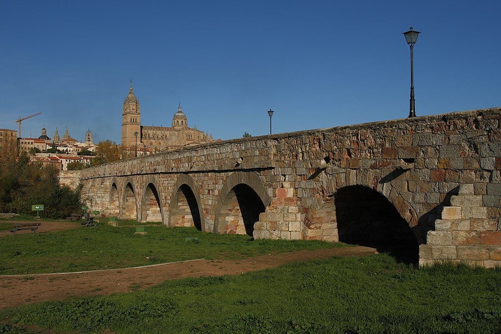 Un vieux pont de pierre avec des arches enjambe une zone herbeuse, avec des bâtiments historiques et une cathédrale visibles à l'arrière-plan.