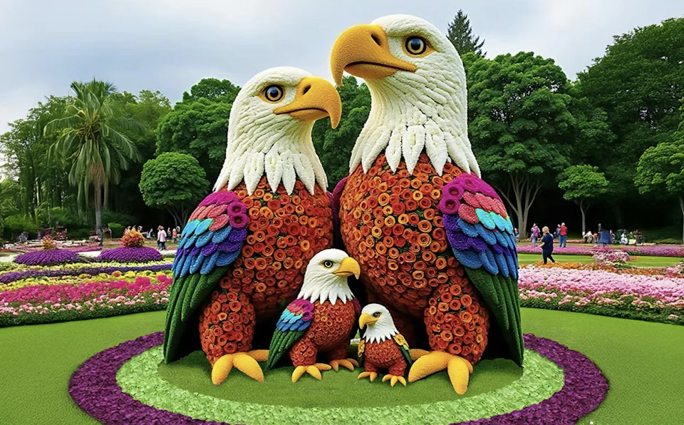 A family of eagle sculptures made from colorful flowers displayed in a garden with trees and visitors in the background.