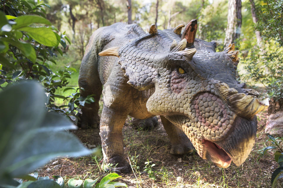 A lifelike dinosaur model with textured skin and horned face stands in a forested area surrounded by green foliage.