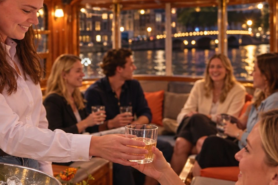 A group of people socializing on a boat at night, with one person handing a drink to another. A bucket with drinks is in view.