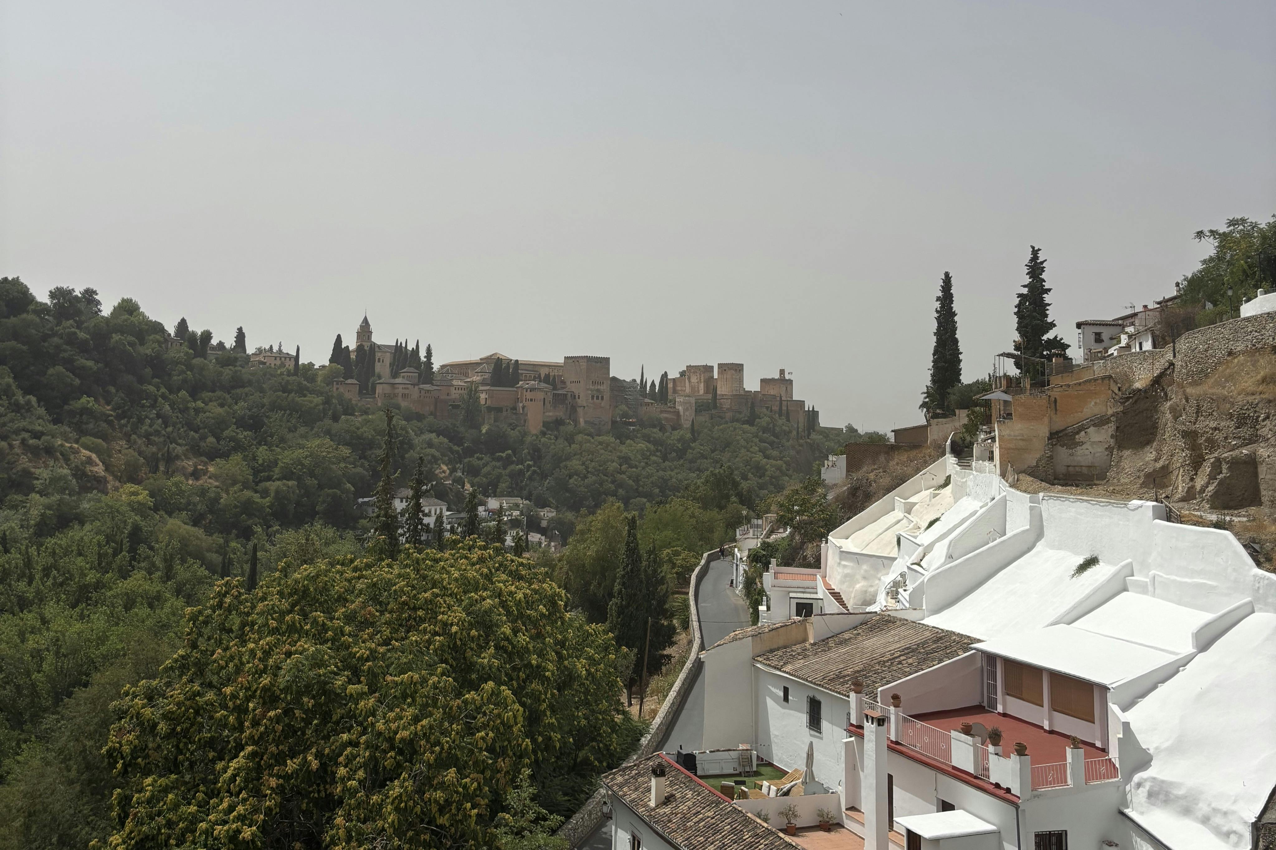 阿罕布拉宫（ Alhambra Palace ）坐落在一座山丘上，周围有树木，前景是白色和红色建筑，屋顶铺有瓷砖。
