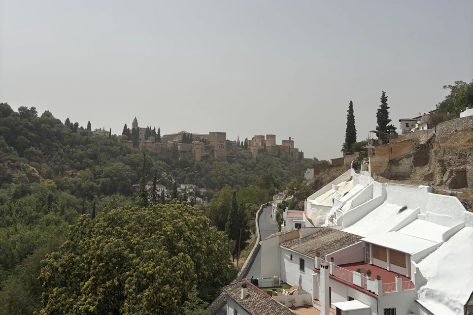 View of Alhambra palace on a hill with surrounding trees, and white and red buildings with tiled roofs in the foreground.