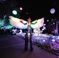 Performer on stilts glowing with colorful wings.