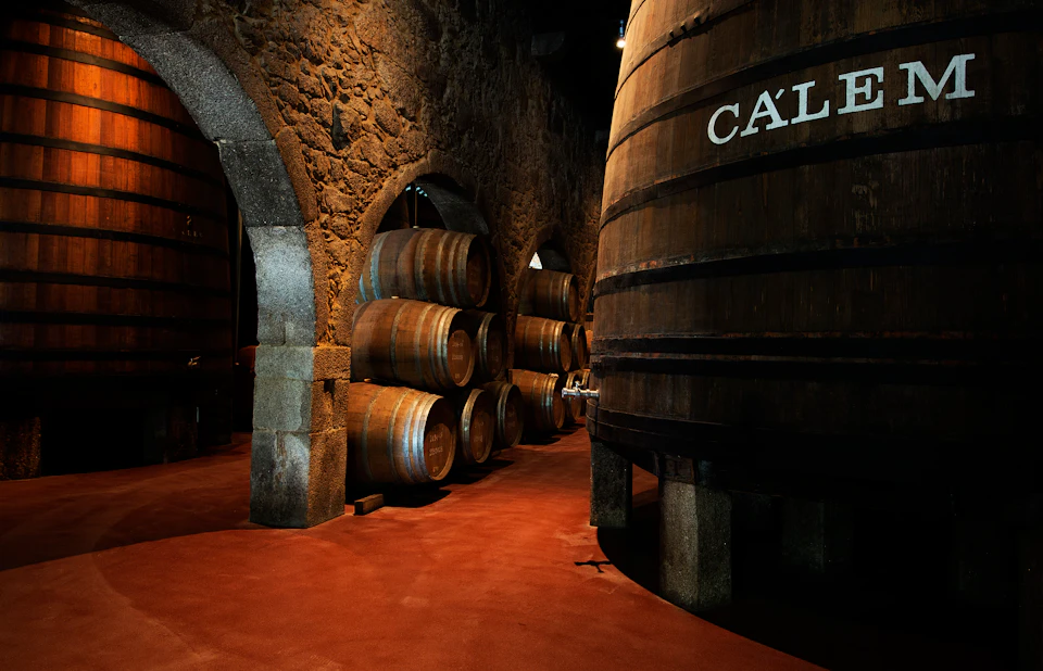 Dimly lit wine cellar with stone arches, stacked wooden barrels, and a large barrel labelled "CALE." Red floor and stone walls.