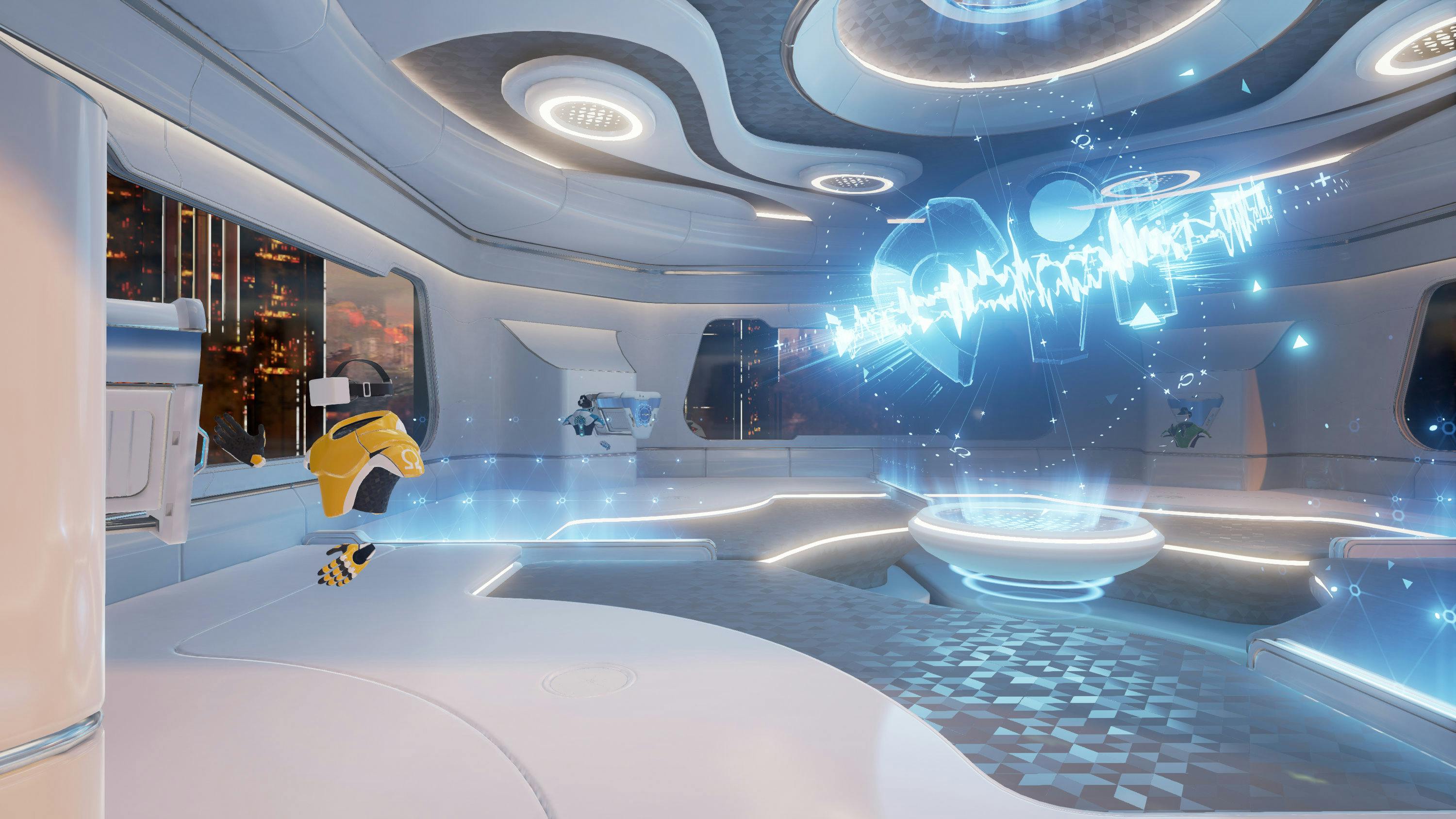 Futuristische kamer met gebogen witte muren, geavanceerd holografisch scherm en een gele robotarm aan de linkerkant.