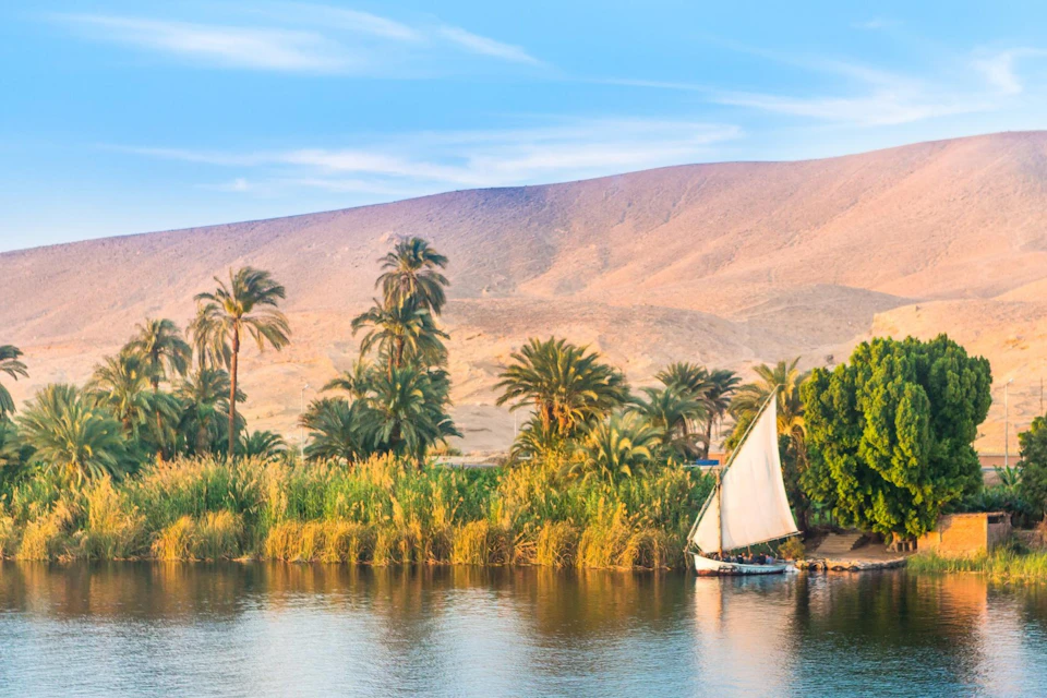 A sailboat with a white sail on a river, surrounded by lush vegetation and palm trees, with desert hills in the background.