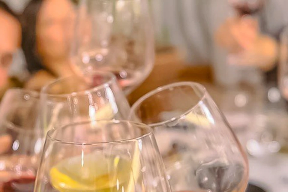 A group of people clinking glasses in a celebratory toast at a table, with plants and curtains in the background.