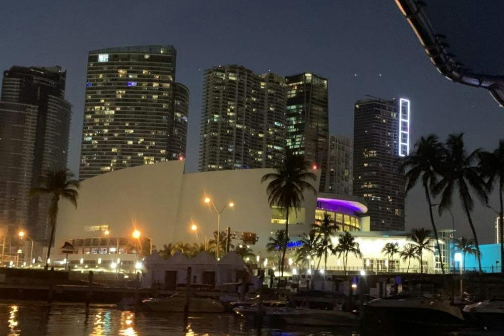 A nighttime cityscape featuring tall buildings, a lit modern structure, palm trees, and a waterfront with boats.