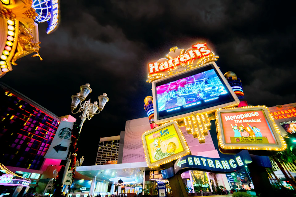 Image of Harrah's, full of neon lights.