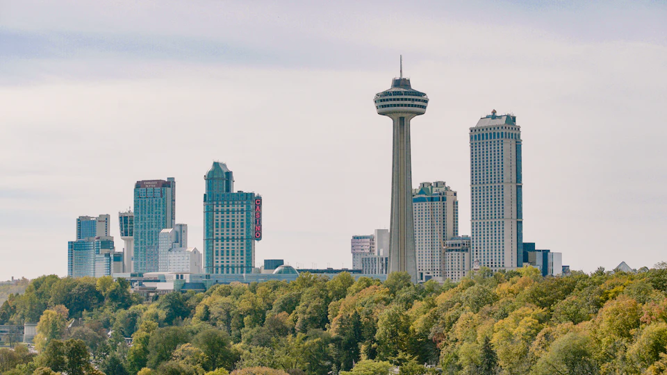 City skyline featuring a tall observation tower and several high-rise buildings, with a densely wooded area in the foreground.