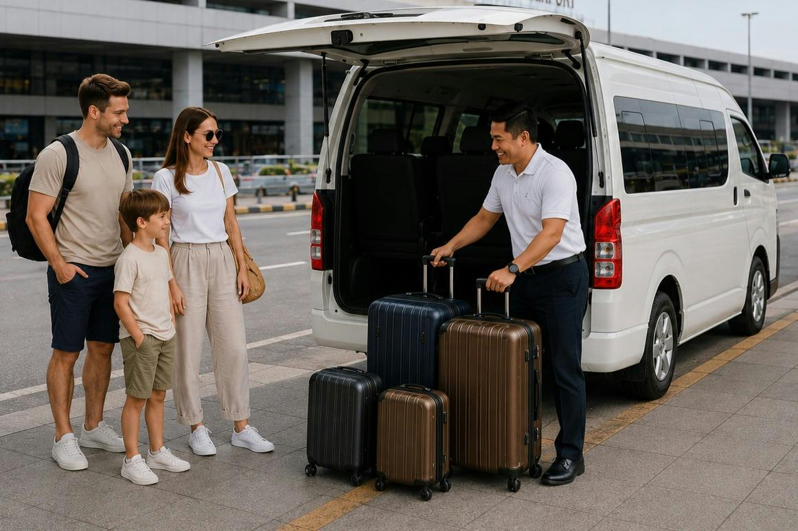 A smiling family stands near a van while a man loads their luggage into the vehicle.