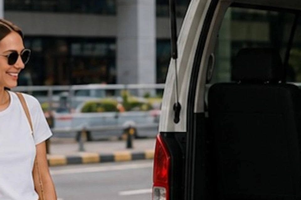 A smiling family stands near a van while a man loads their luggage into the vehicle.