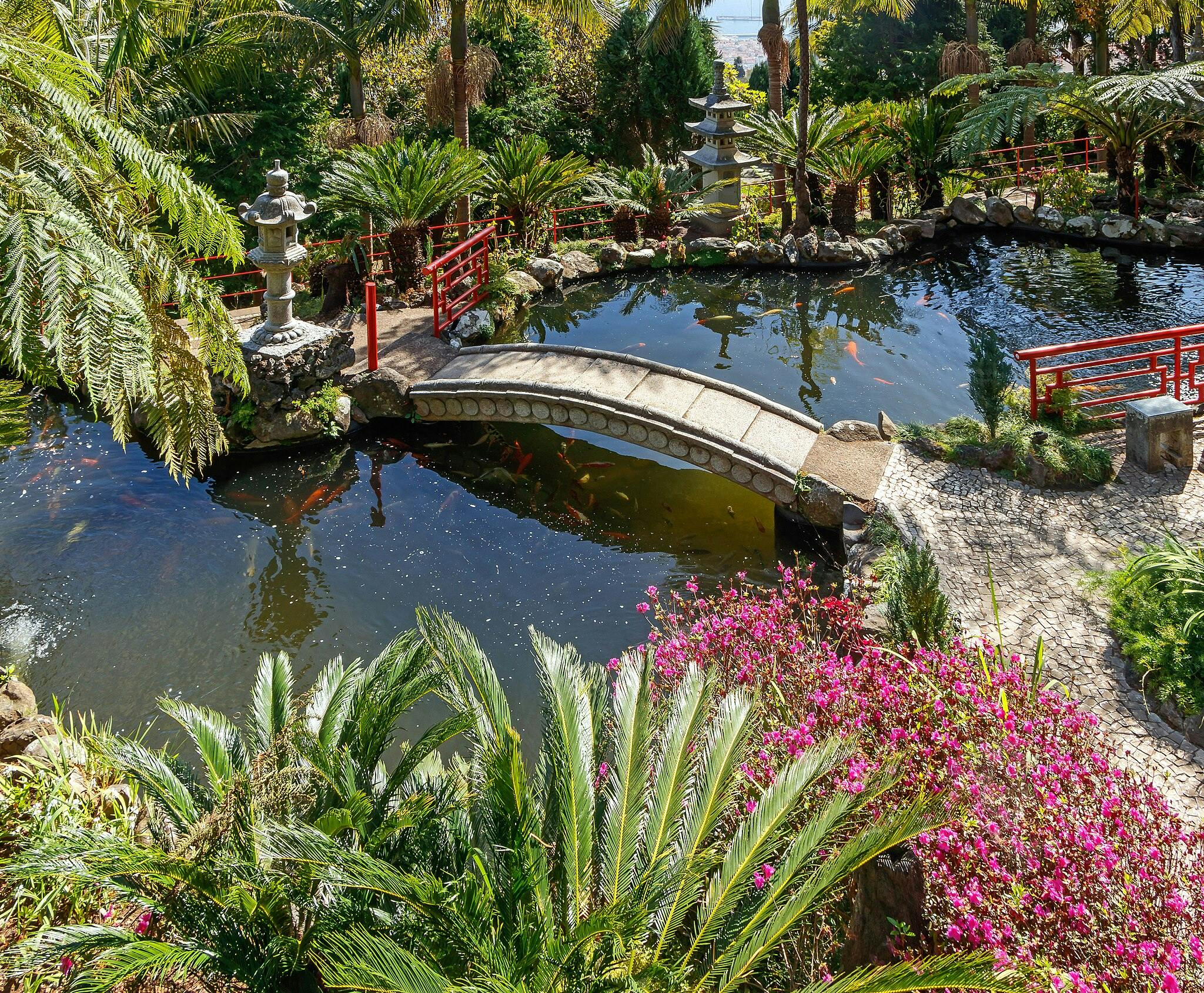 鯉の池に架かる石橋、赤い手すり、ランタン、緑豊かな緑、鮮やかなピンク色の花が目の前にある装飾的な庭園。