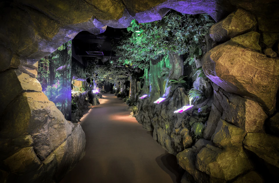 A dimly lit indoor pathway resembling a jungle with artificial foliage, rocks, and illuminated displays.
