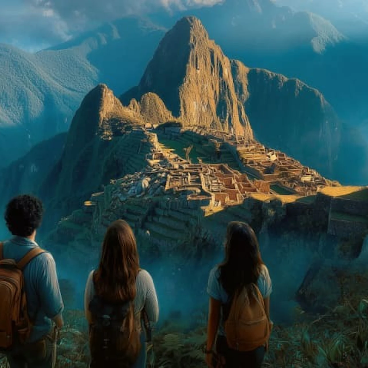 Three people with backpacks overlooking the ancient ruins of Machu Picchu on a mountainous landscape under a cloudy sky.