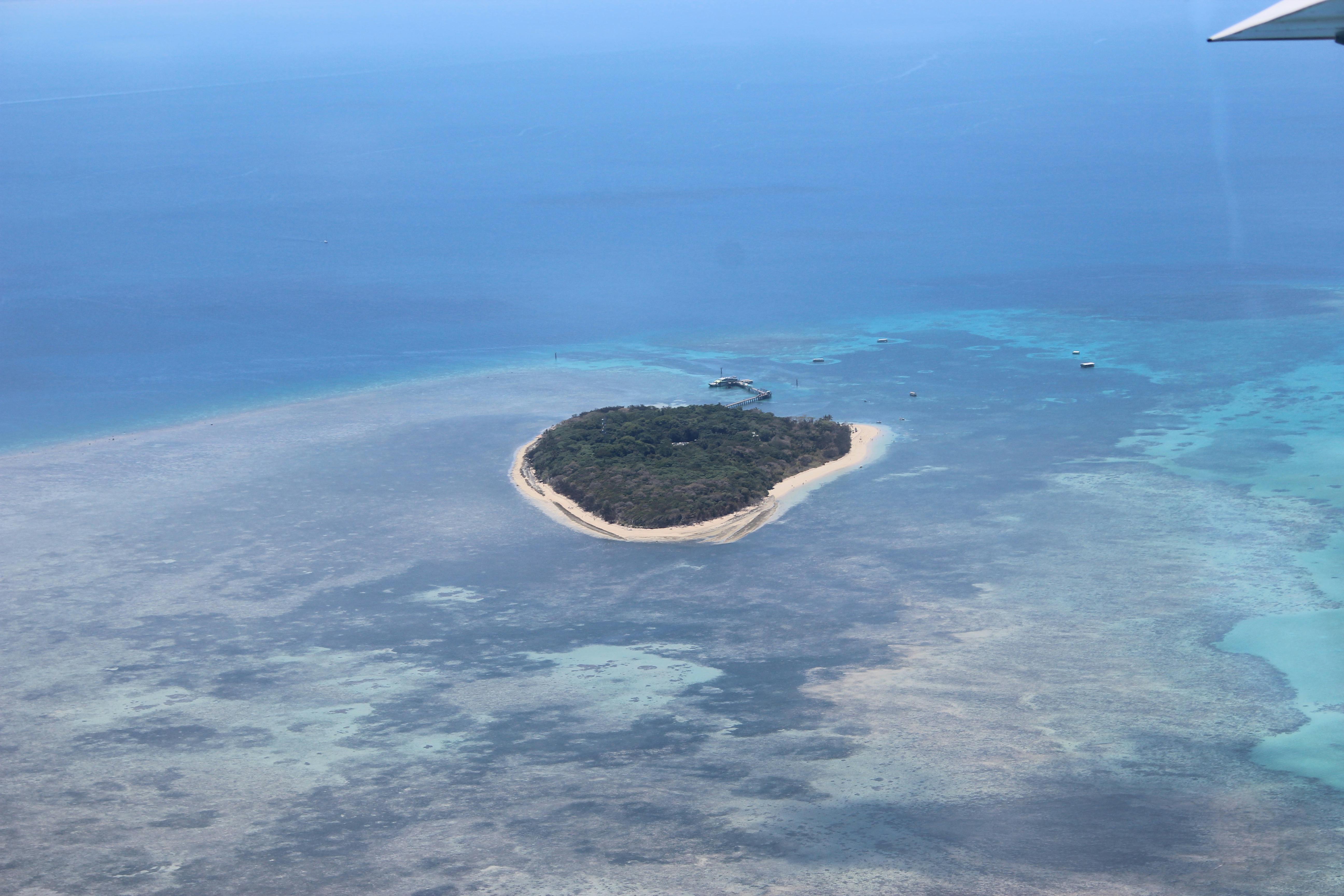 Aerial view of a small, circular island with dense vegetation, surrounded by clear blue water and coral reefs.