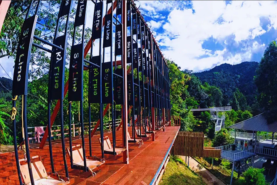 A structure with rows of hanging signs labeled 'Sky Line,' set in a lush, green, mountainous environment under a blue sky.