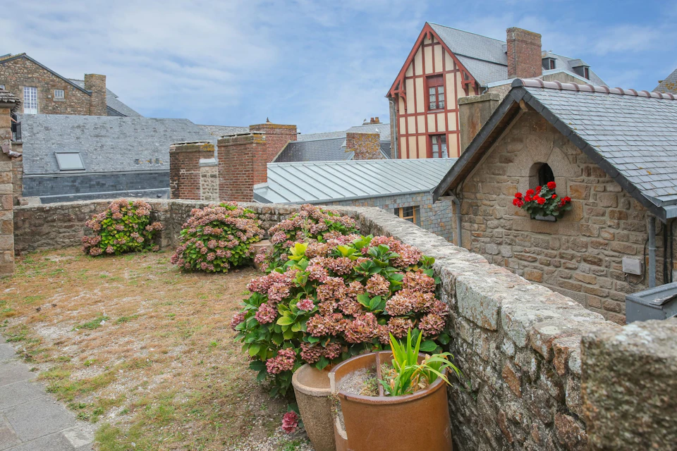 Stone courtyard with flowering bushes, ceramic pots, and a backdrop of brick and half-timbered buildings under a cloudy sky.