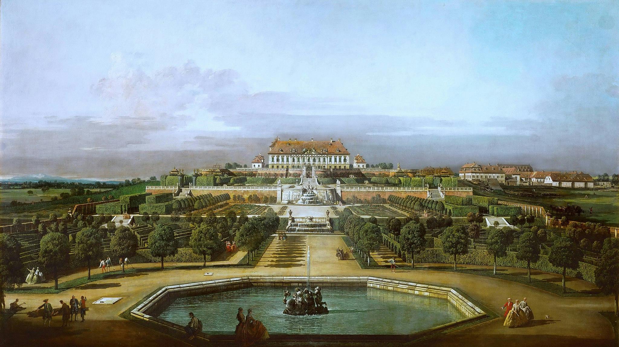 Ornate palace set on a hill, surrounded by elaborate gardens, fountains, and pathways with people in period clothing strolling.