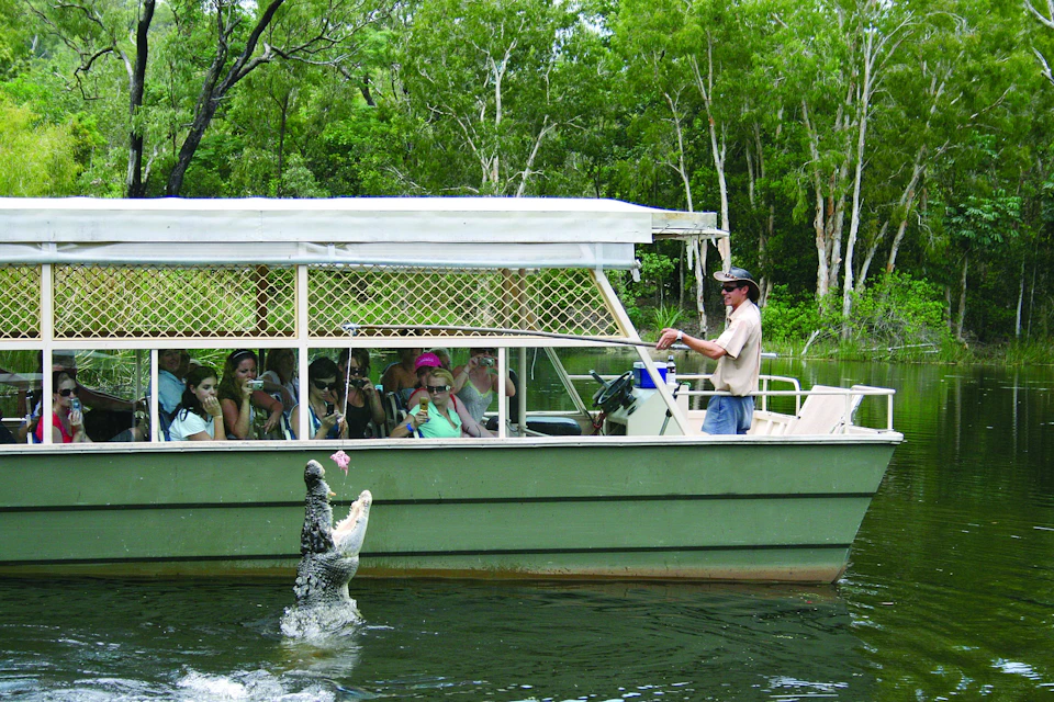 A crocodile jumps out of the water near a tour boat filled with people observing in a lush, green environment.