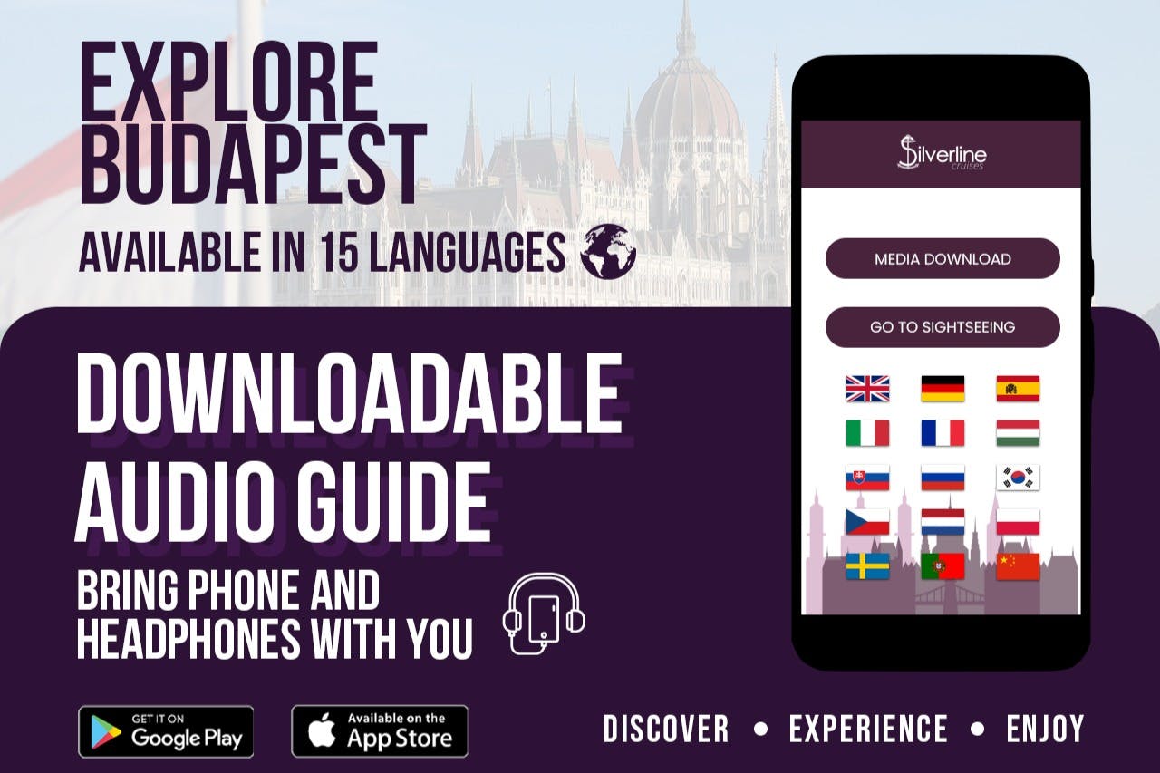 Gráfico promocional para uma app de audioguia para download para explorar Budapeste, disponível em 15 línguas.
