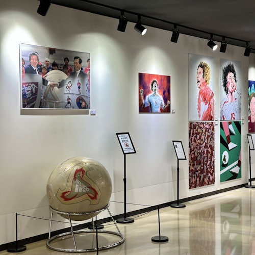 Gallery wall with framed photos and paintings, large signed volleyball displayed on a stand, and informational plaques.