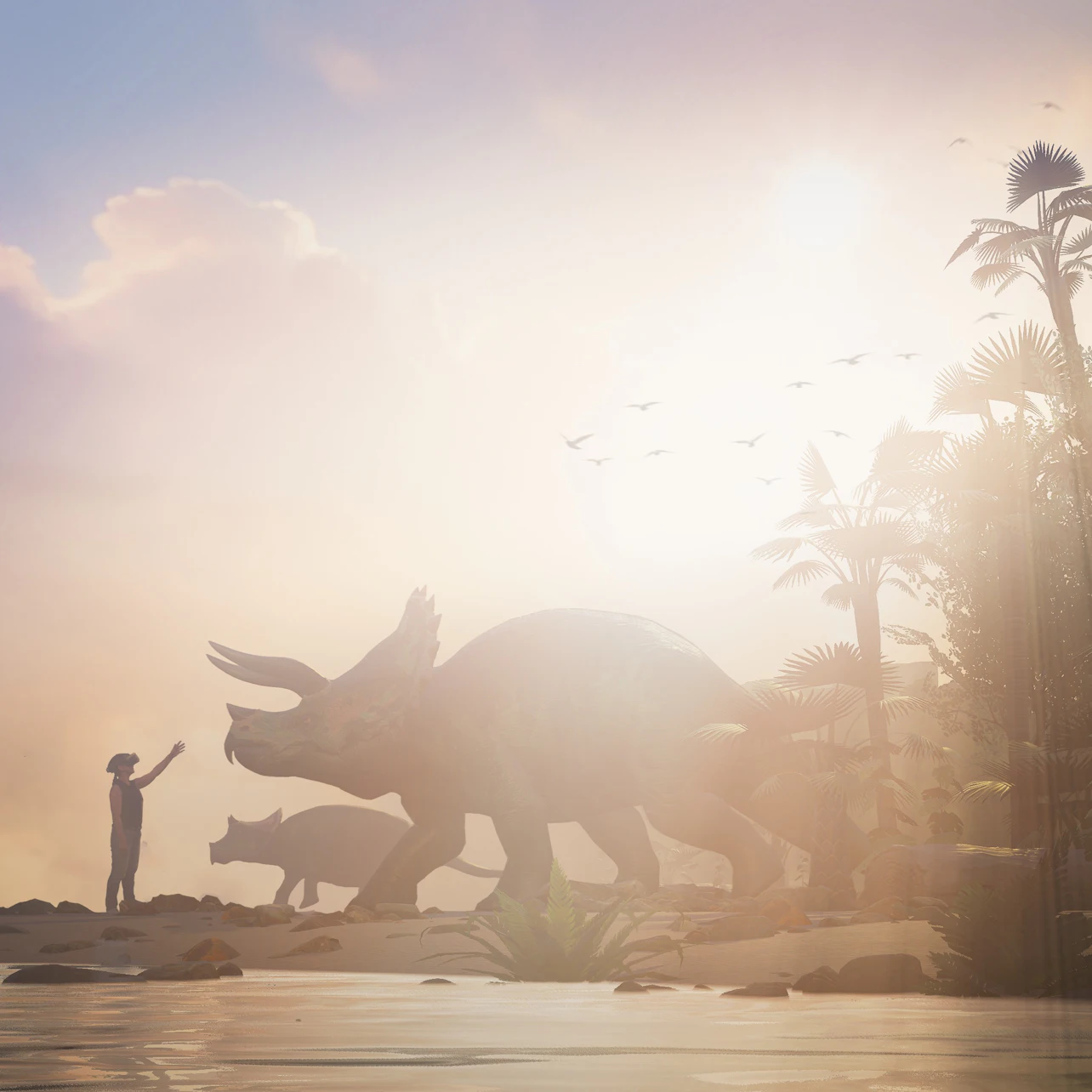 Virtual reality headset, tyrannosaurus, dinosaur