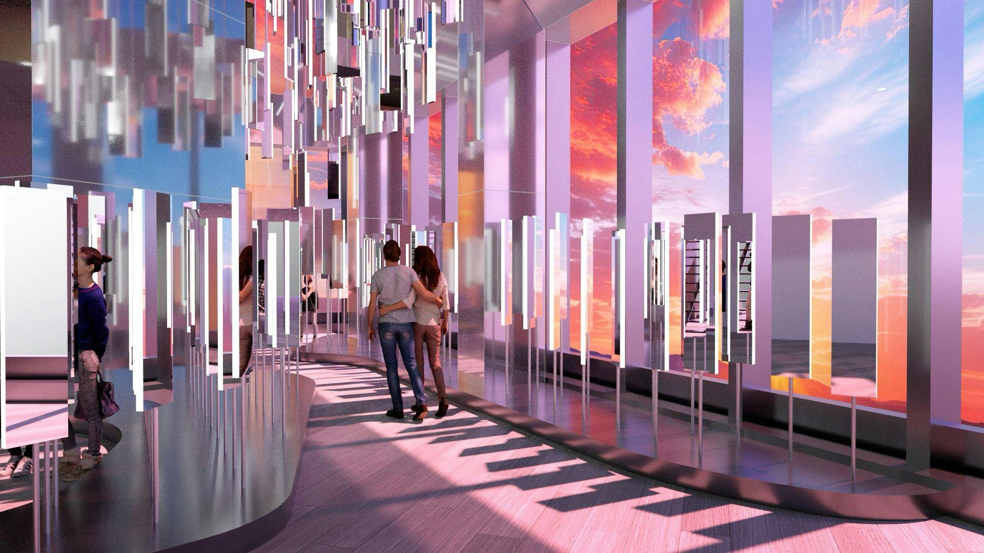 Dos personas paseando por un interior moderno y reflectante, con luces de colores y una puesta de sol que se ve a través de las ventanas.