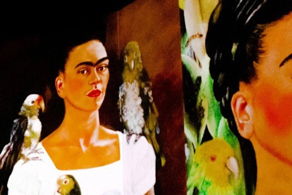 Bright, multi-panel artwork showcasing portraits of a woman with birds, reflecting on a shiny surface.