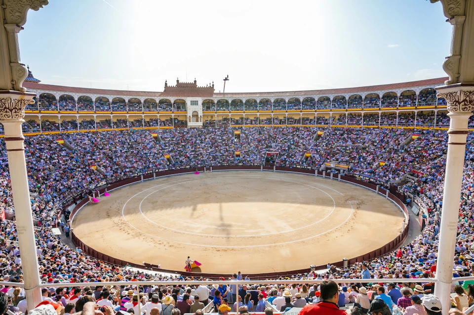 Stadium full of people around a sandy circular arena with some individuals dressed in traditional costumes inside the ring.