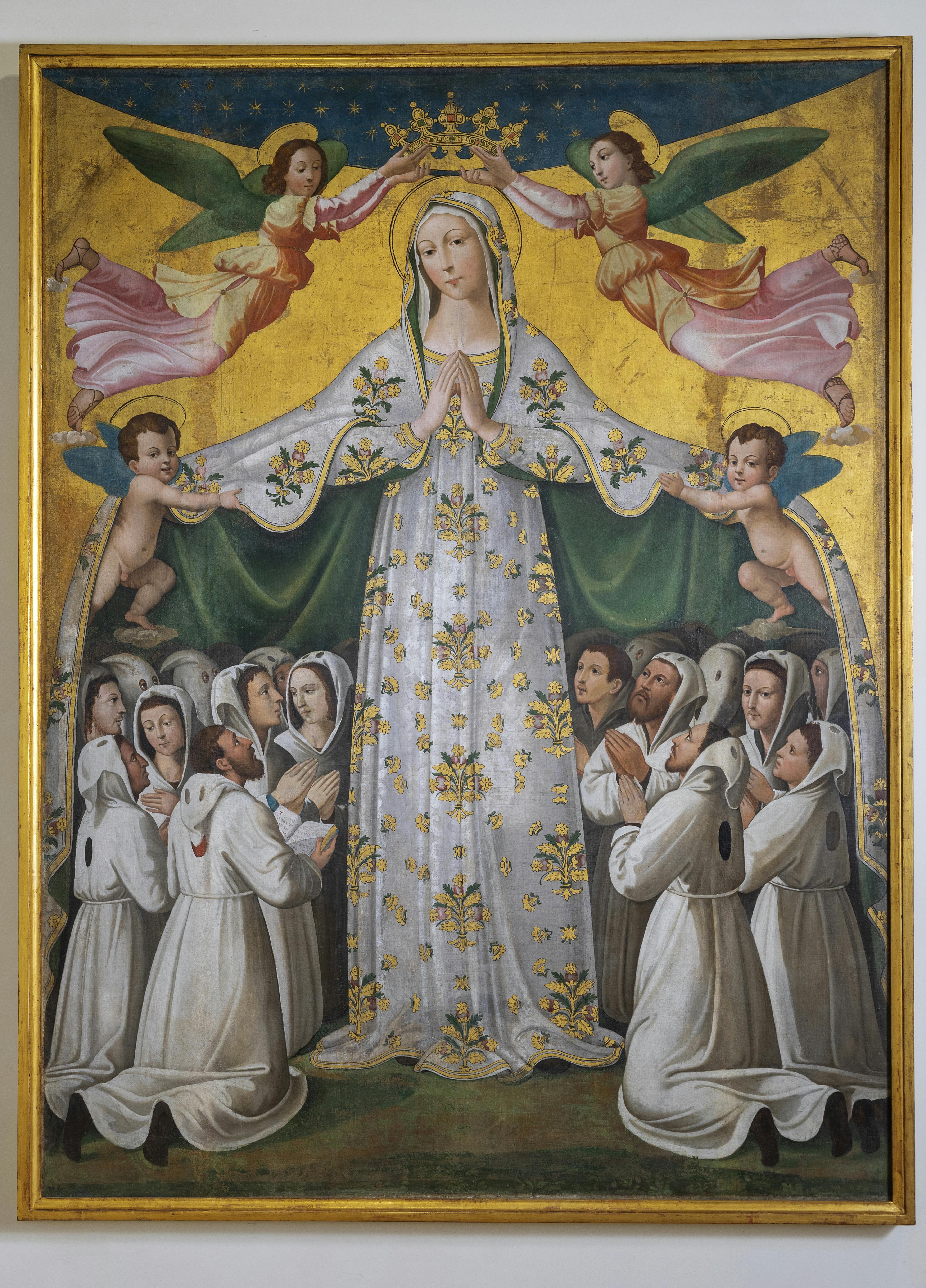 A painting depicts the Virgin Mary in a white robe with gold details, being crowned by two angels, surrounded by praying figures.