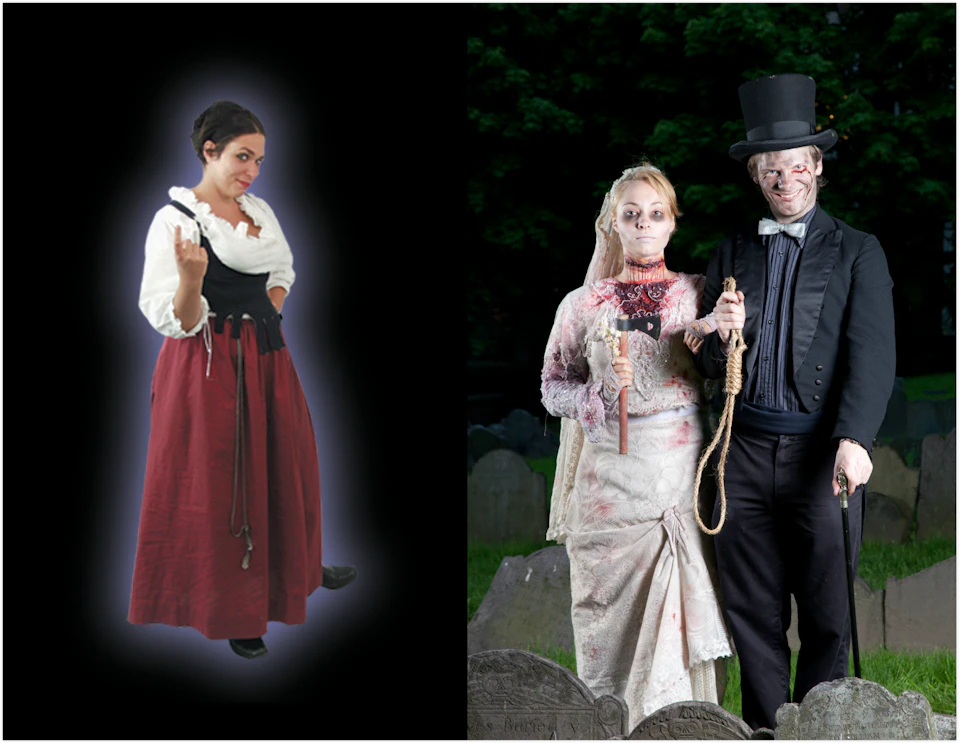 A woman dressed as a ghost on the left and a couple in Victorian-era costumes with ghostly makeup and holding nooses on the right.