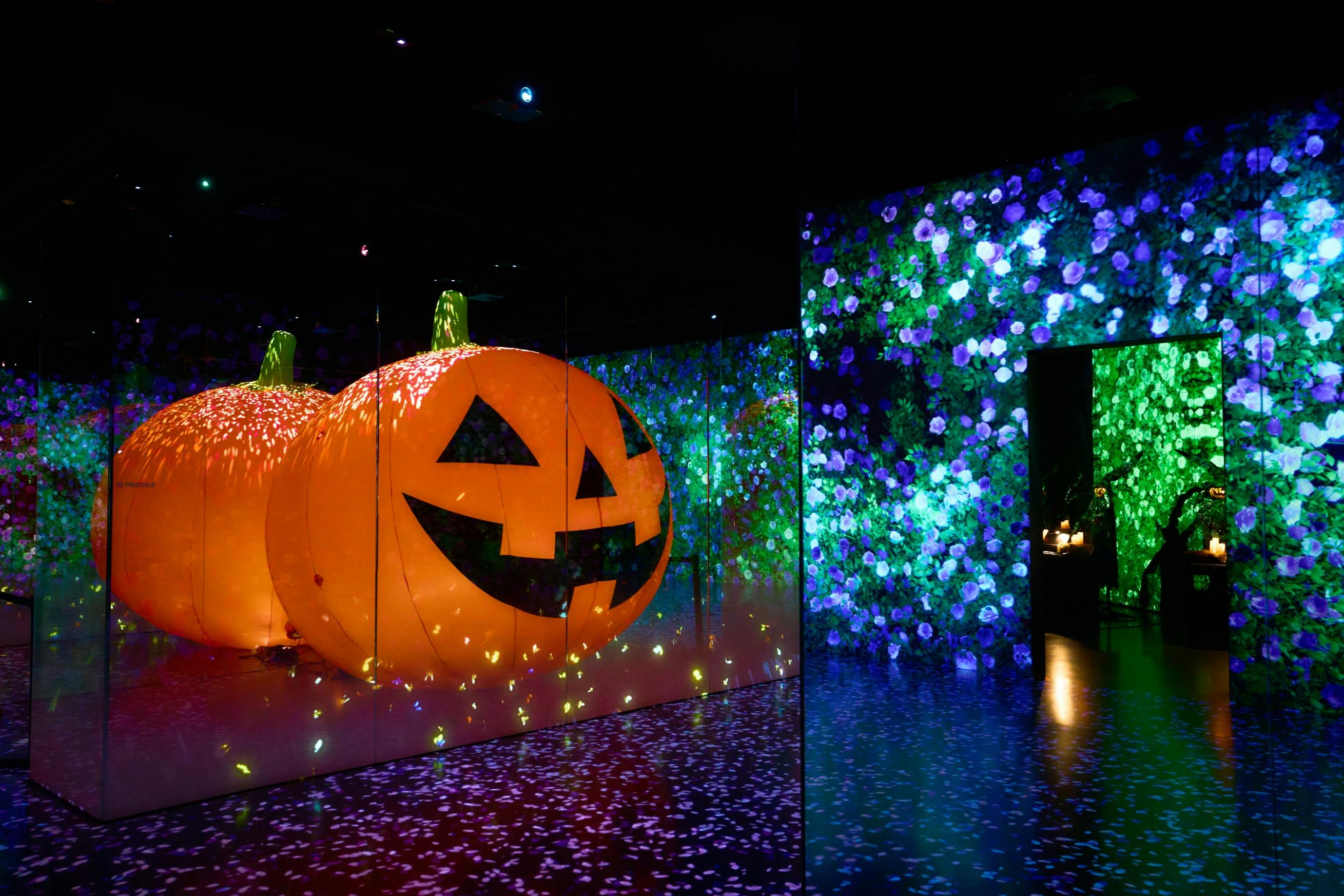 A room with a glowing jack-o'-lantern decoration and walls illuminated with colorful floral light patterns.