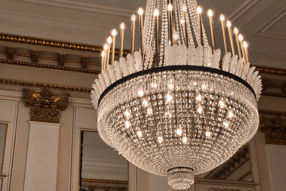 Elegant crystal chandelier with lit candles, hanging in a richly decorated interior with ornate golden accents.